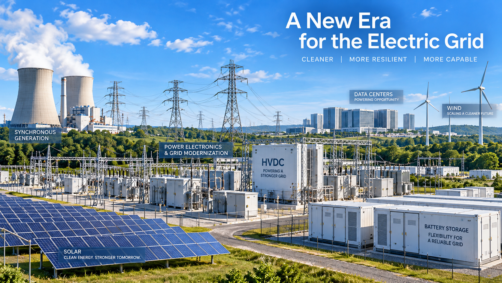 Modern electric grid with data centers, battery storage, solar, wind, HVDC infrastructure, transmission lines, and synchronous generation.