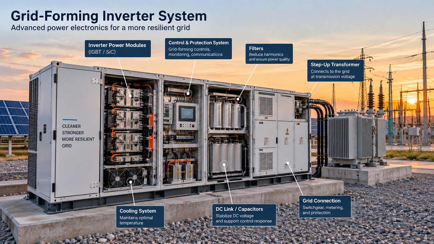 Grid-forming inverter system showing power modules, controls, cooling equipment, filters, transformer, and grid connection.