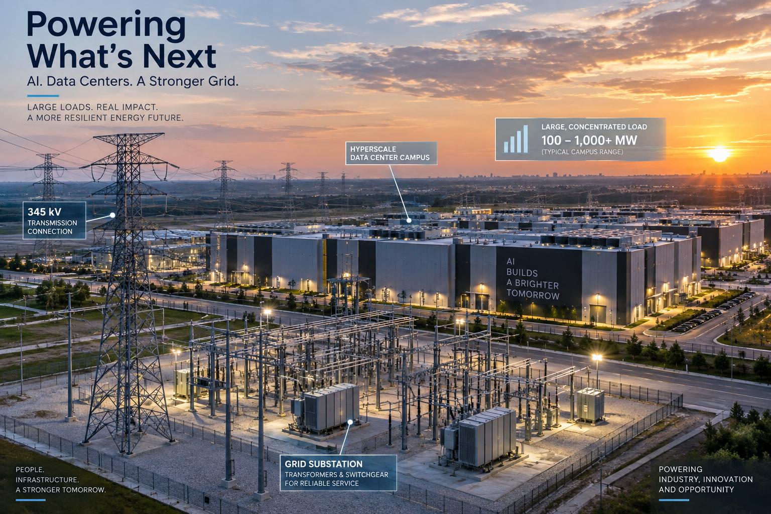 AI data center campus connected to a high-voltage transmission network and electrical substation.