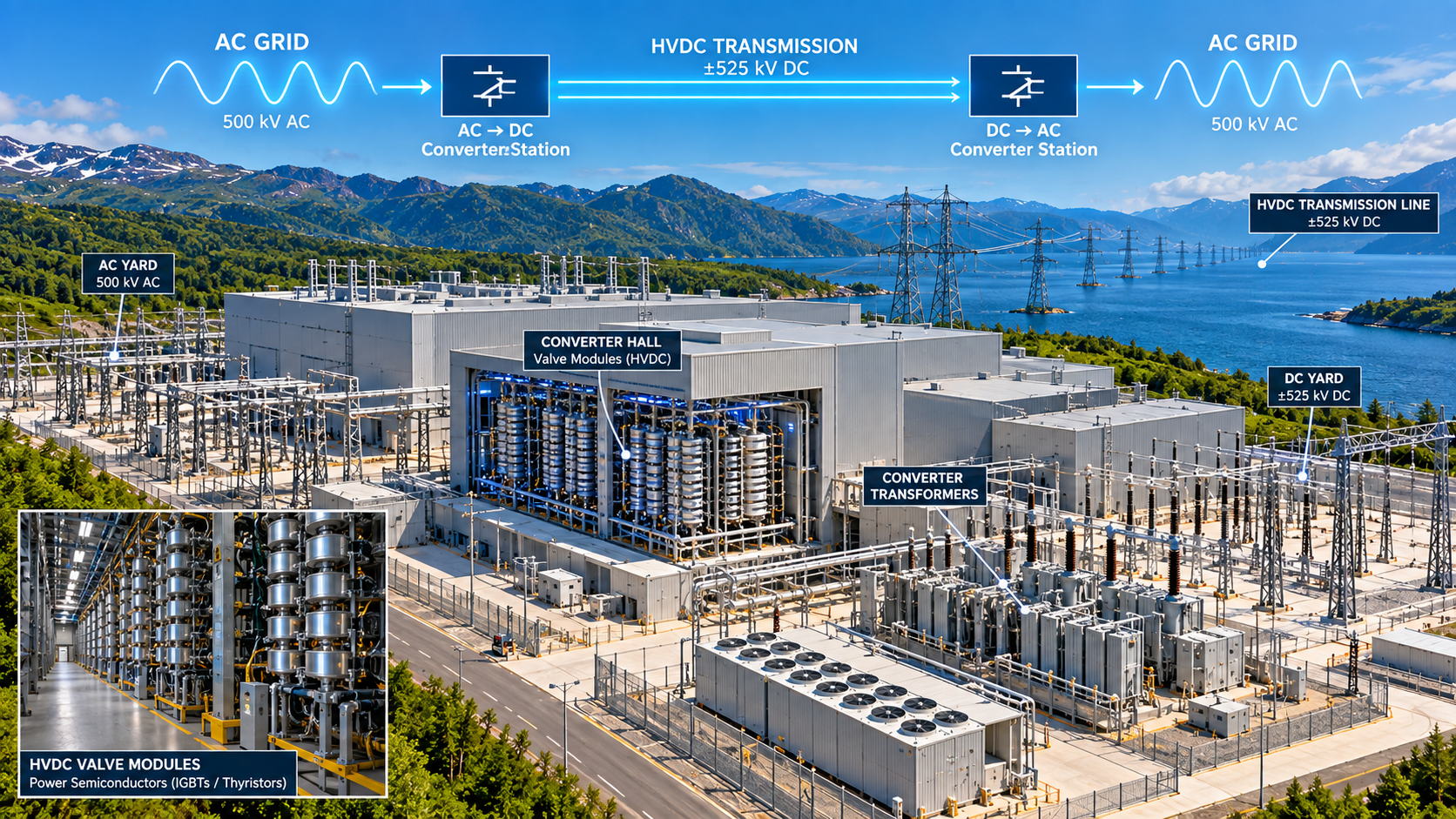 HVDC converter station with valve modules, converter transformers, AC and DC yards, and high-voltage DC transmission infrastructure.