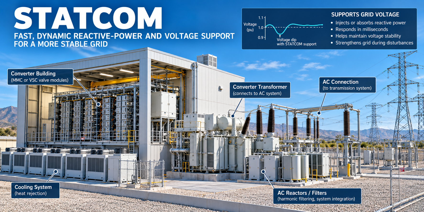 STATCOM installation with voltage-source converter modules, converter transformer, cooling system, reactors, and transmission-grid connection for dynamic reactive-power and voltage support.