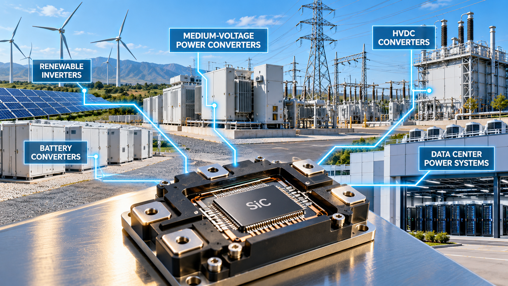 Silicon carbide power semiconductor module connected to renewable energy, battery, medium-voltage, HVDC, and data-center power-conversion systems.