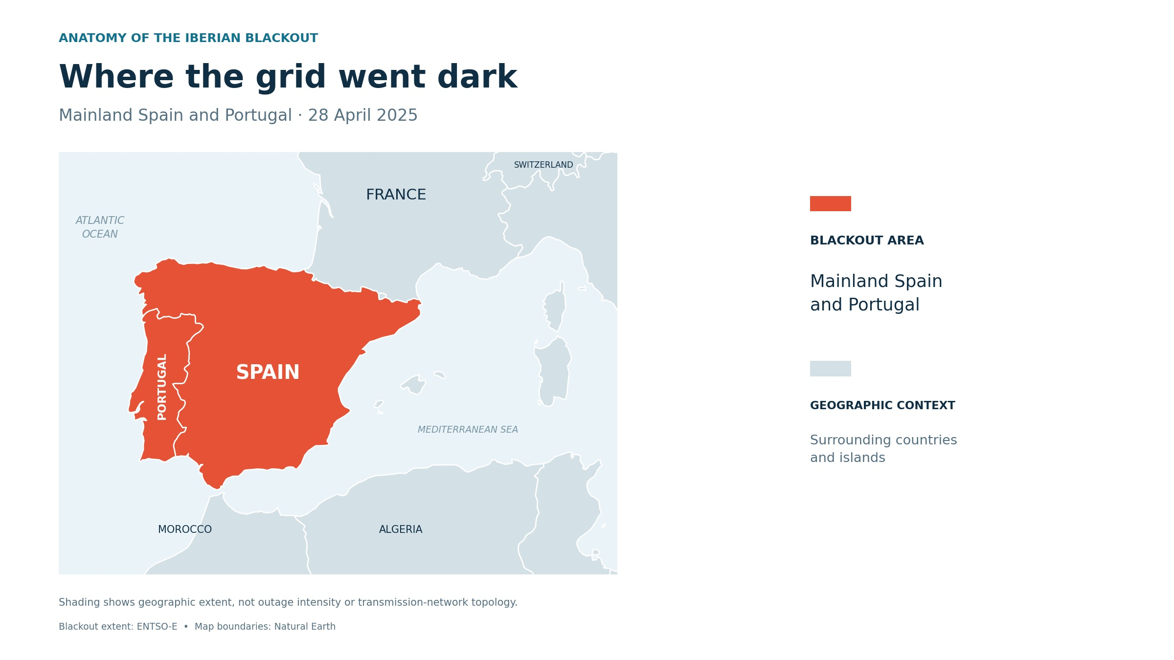 Map highlighting mainland Spain and Portugal in orange-red as the area of the April 28, 2025 Iberian blackout, with neighboring countries and islands shown in gray for geographic context.
