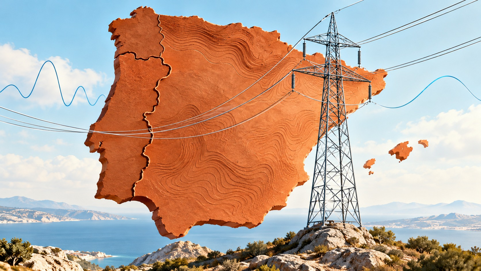 Conceptual editorial illustration of the Iberian peninsula in terracotta, with a high-voltage transmission tower and an abstract blue waveform.