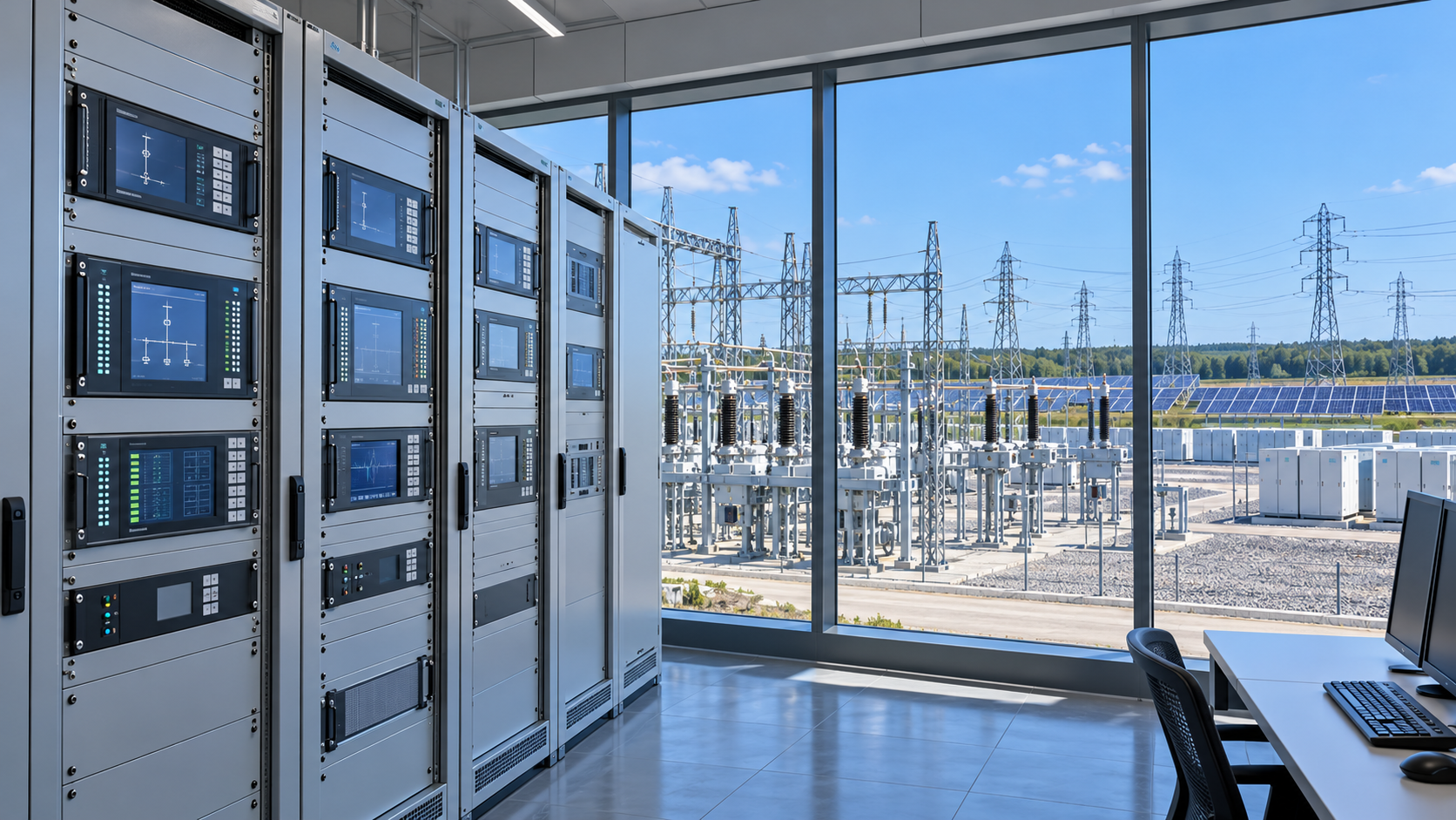 Digital protective relay cabinets overlooking a substation, solar panels, and battery inverter equipment in daylight.