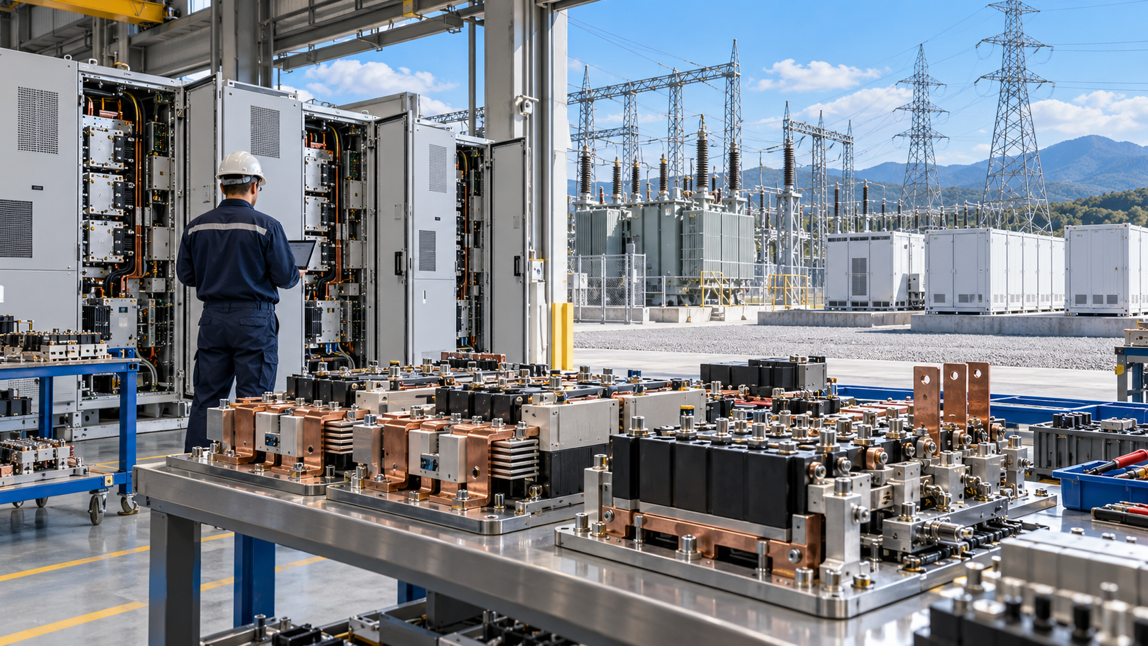 Power-converter assemblies and an engineer in a factory overlooking transformers, transmission lines, and battery infrastructure in daylight.