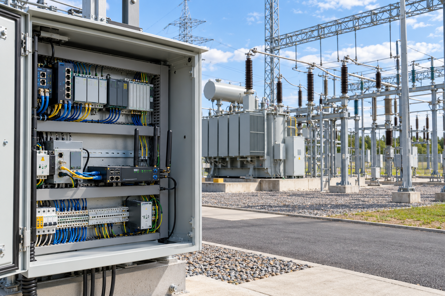 Electricity infrastructure and industrial communications equipment illustrating cybersecurity risks in connected power systems.